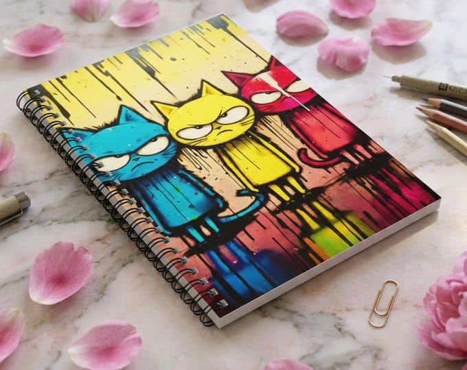 Grumpy Trio Cat Illustration Spiral Notebook | Ruled Lined Journal