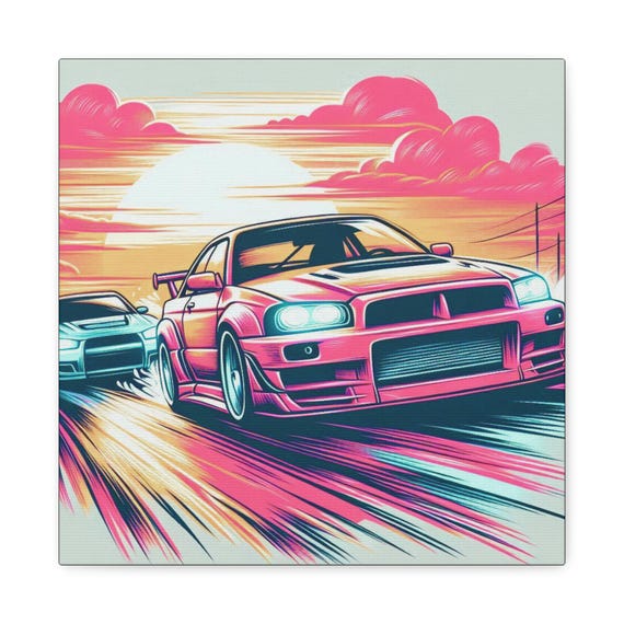 Sunset Racers Matte Canvas Art: Abstract Street Racing Wall Decor