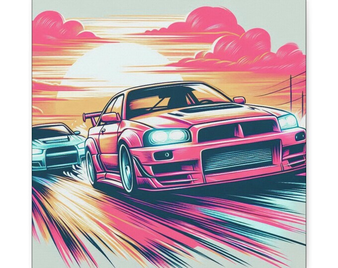 Sunset Racers Matte Canvas Art: Abstract Street Racing Wall Decor