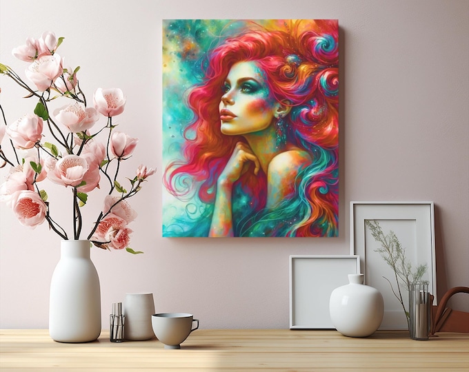 Siren in Red Canvas Art: Bohemian Abstract Portrait, Modern Home Decor
