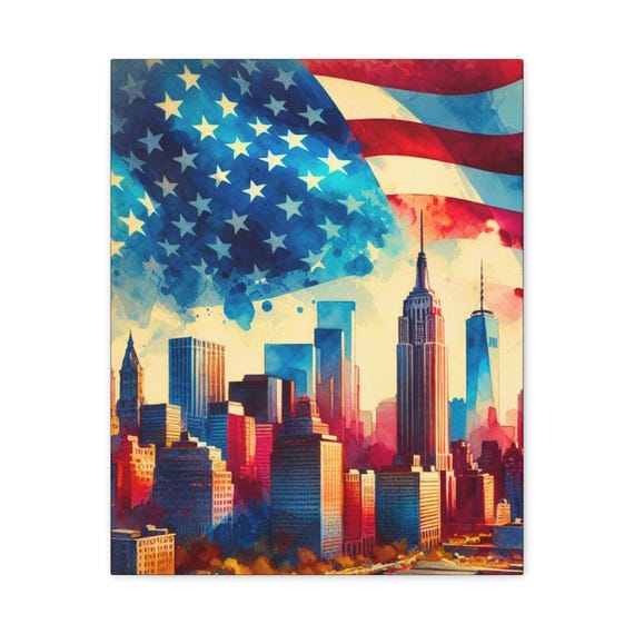 American Flag Skyline Canvas Art: USA Home Decor, Gift for Veterans