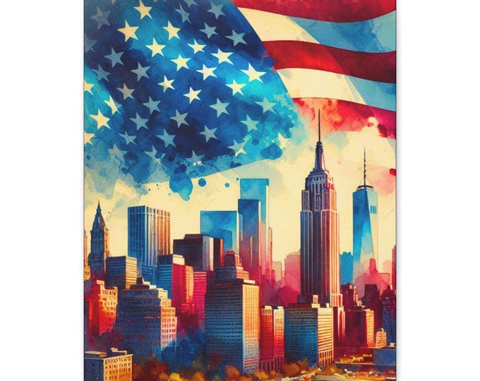 American Flag Skyline Canvas Art: USA Home Decor, Gift for Veterans