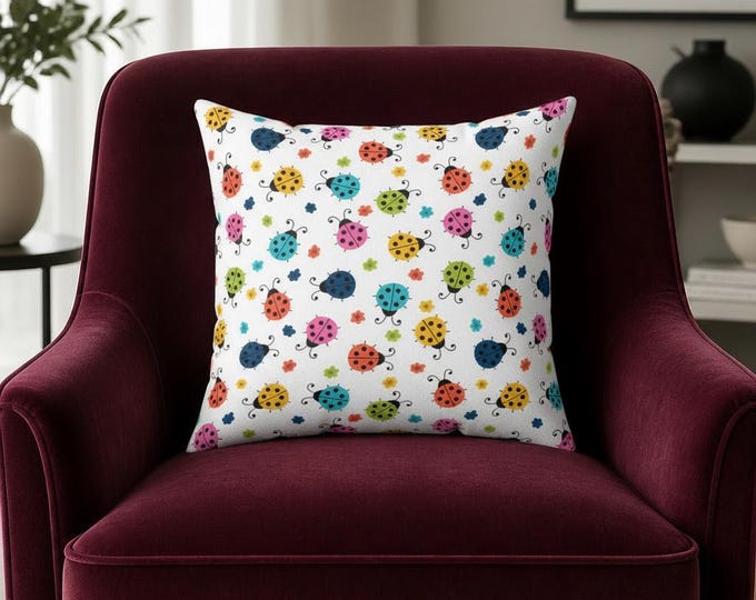 Colorful Ladybug Pattern Pillow | Whimsical Insect Accent (16x16)