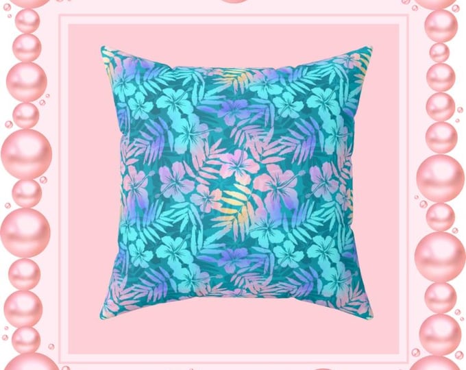 Hibiscus Glimmer Spun Polyester Pillow | Blue Floral Beach Throw Pillow