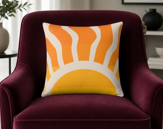 Retro Sunrise Pillow | Square Throw Pillow, Orange Yellow Sunburst Home Décor