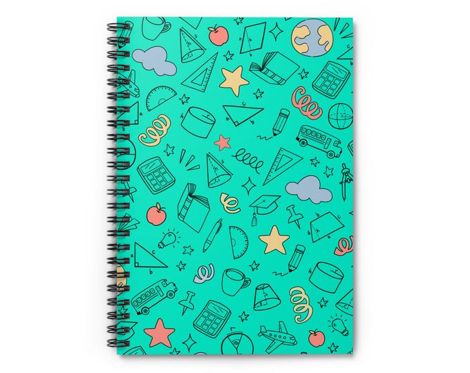 School Icon Spiral Notebook | Teal Doodle Pattern, 6" x 8"