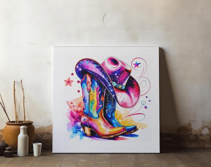 Cowgirl Boots Canvas Art: Western Ranch Decor, Psychedelic Style