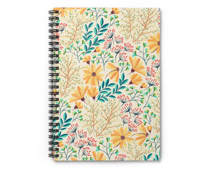 Yellow Floral Pattern Spiral Notebook | Ruled Lined Journal