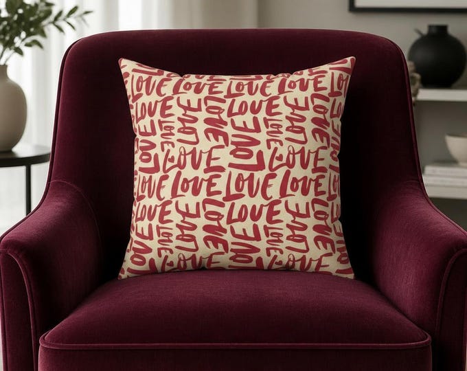 Love Repeat Pattern Pillow | Red Script Word Art Throw Pillow