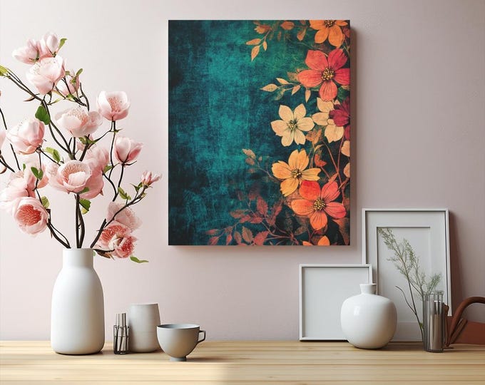 Floral Canvas Wall Art, Vintage Boho Decor (16x20)