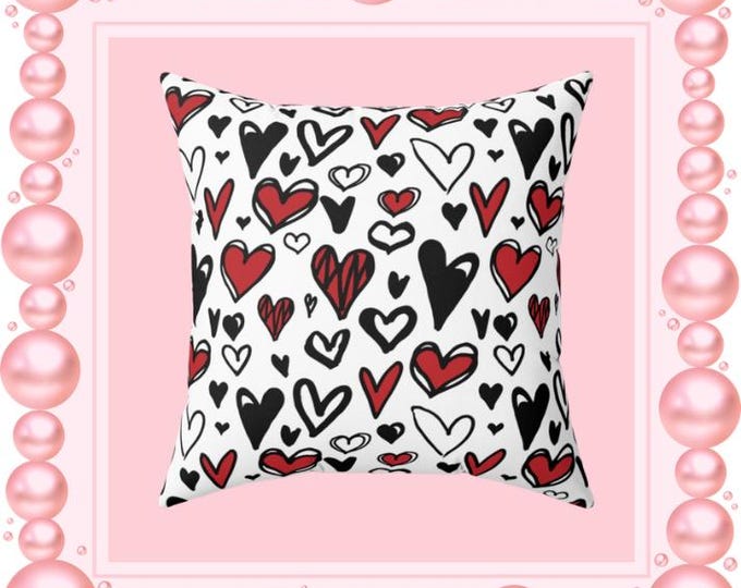 Hand-Drawn Hearts Square Pillow | Valentine Pattern, Red & Black Hearts