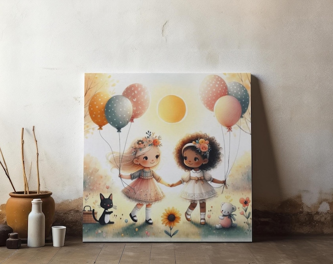 Whimsical Friendship Canvas Art: Pastel Nursery Decor, Kids Playroom Artwork (14x14)