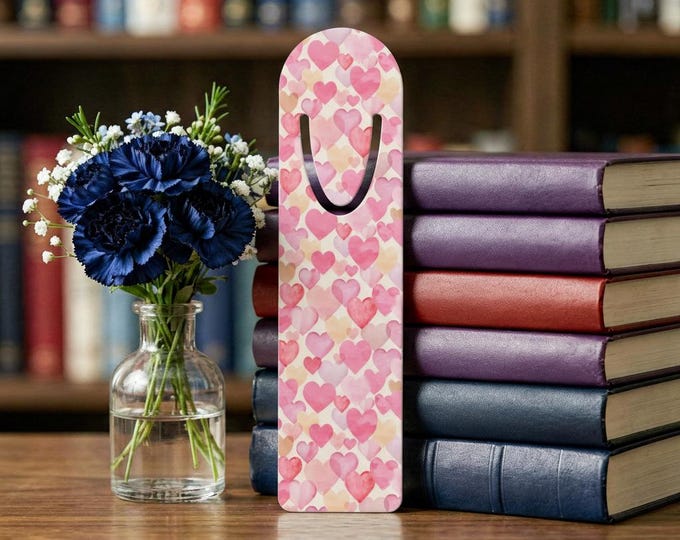 Watercolor Pink Hearts Bookmark | Metal Page Marker