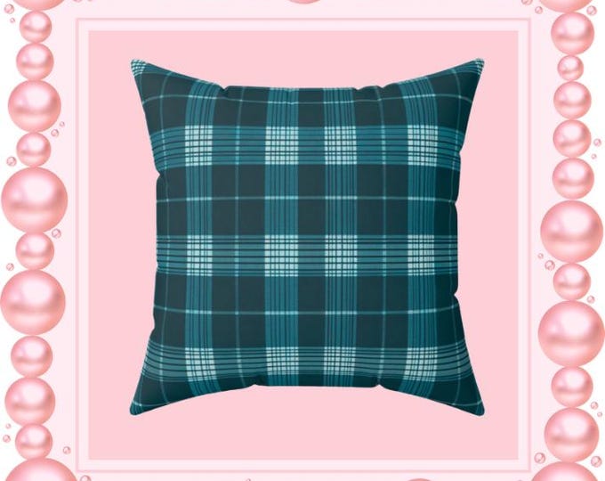 Teal Plaid Throw Pillow: Turkish Style Spun Polyester Accent Pillow