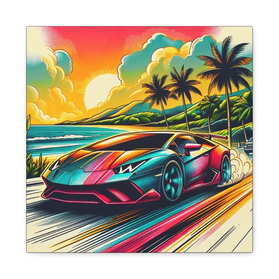 Retro Car Sunset Canvas Art: Modern Automotive Wall Decor (14x14)