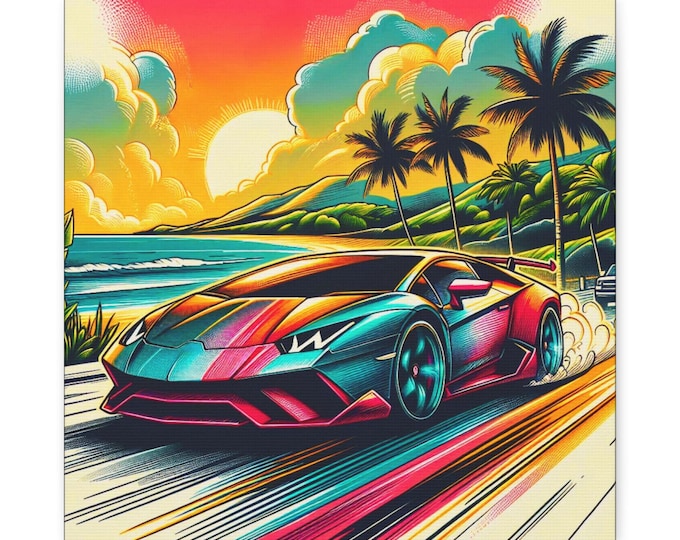 Retro Car Sunset Canvas Art: Modern Automotive Wall Decor (14x14)