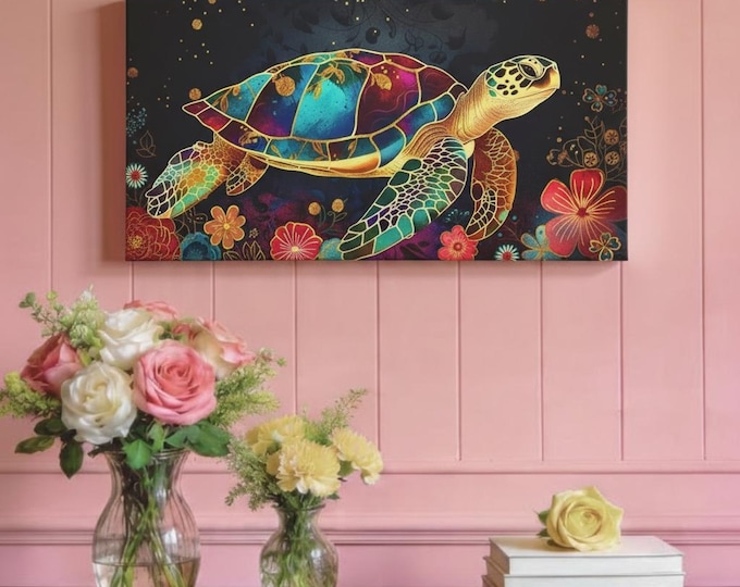 Majestic Queen Sea Turtle Canvas | Matte Stretched Canvas Art 30x15