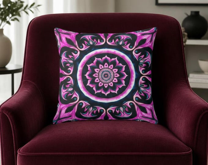 Fuchsia Flame Mandala Pillow: Boho Home Decor Accent Cushion