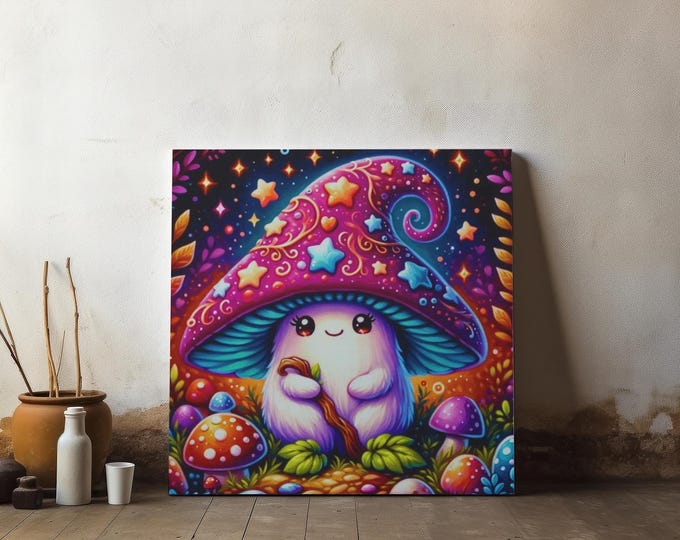 Mushroom Canvas Wall Art: Whimsical Fantasy Home Decor (14x14)