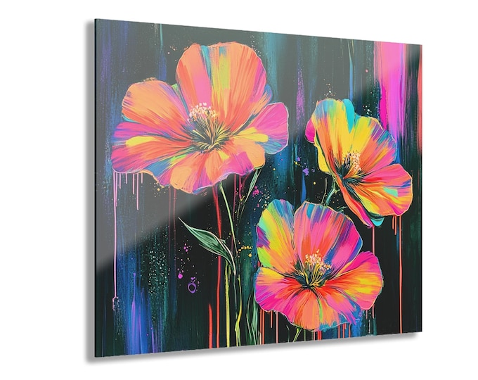 Neon Watercolor Flowers Acrylic Print | Floral Wall Art French Cleat