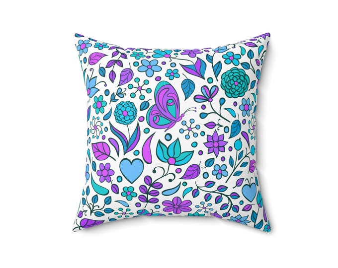 Whimsical Floral Doodle Pillow Spun Polyester Square Pillow | Purple Teal Heart Butterfly Pattern