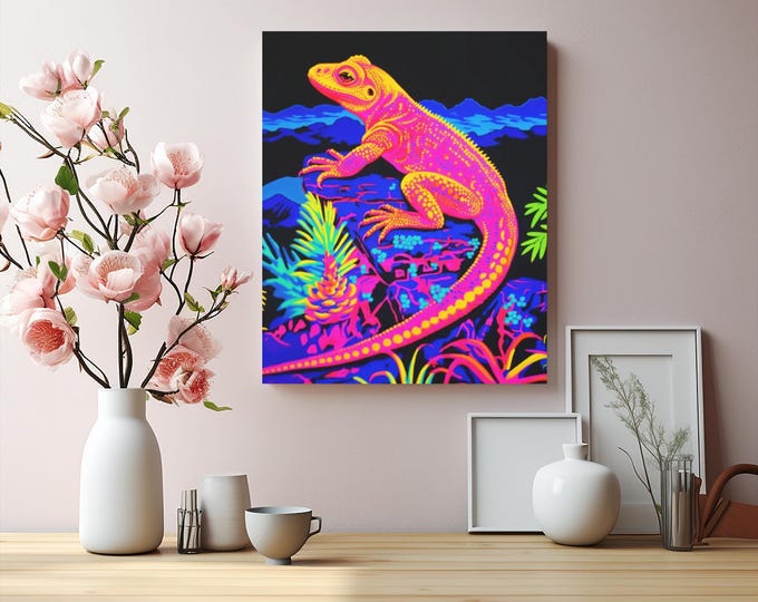 Neon Lizard Matte Canvas | Abstract Neon Amphibian Home Decor