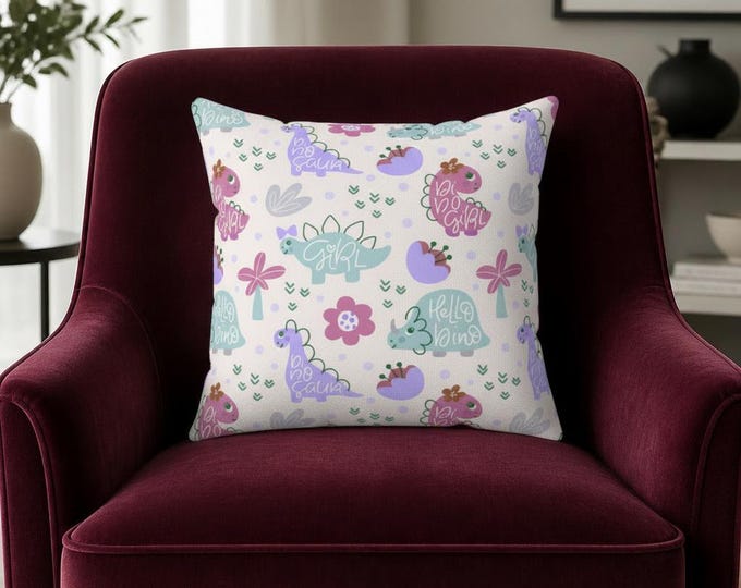Pastel Dinosaur Pattern Pillow | 16x16 Spun Polyester Square Throw Pillow