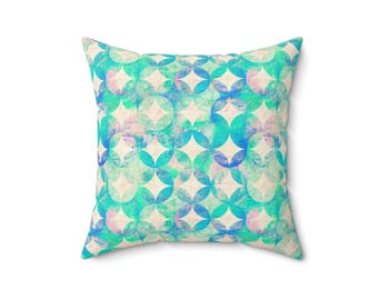Turquoise Geometric Pattern Pillow | Abstract Circle Motif Square Pillow