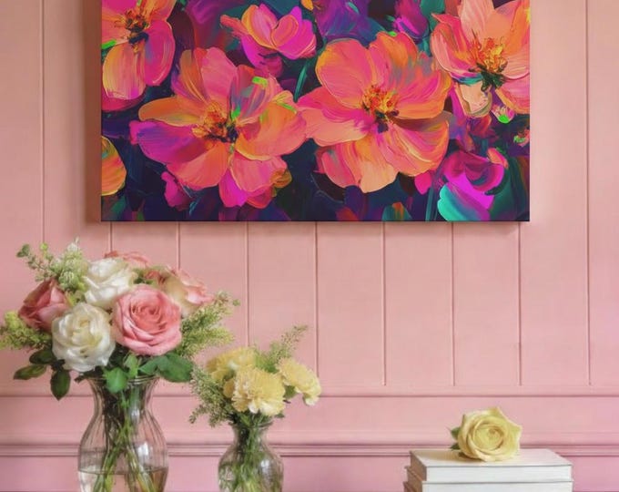 Vibrant Pink Swirl Floral Painting Matte Canvas | Ethereal Blossoms 30x15