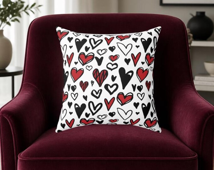 Hand-Drawn Hearts Square Pillow | Valentine Pattern, Red & Black Hearts