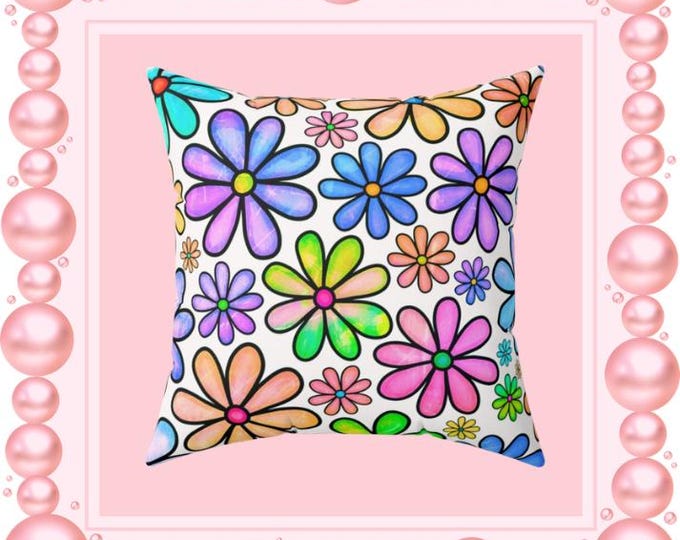 Colorful Doodle Flowers Pillow | Square Throw Pillow, Bright Floral Pattern