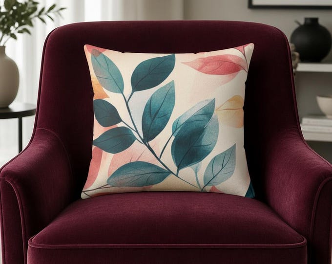 Watercolor Leaves Pillow | Botanical Throw Pillow, Autumn Leaf Accent