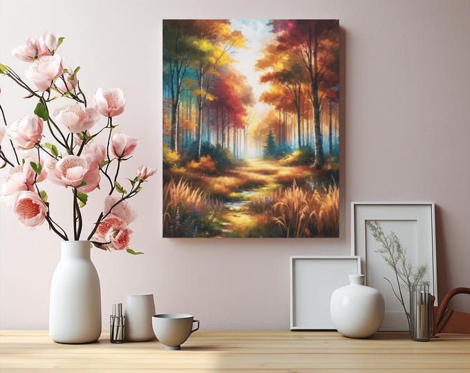 Crimson Leaves Forest Canvas Wall Art: Autumn Nature Home Decor (16x20)