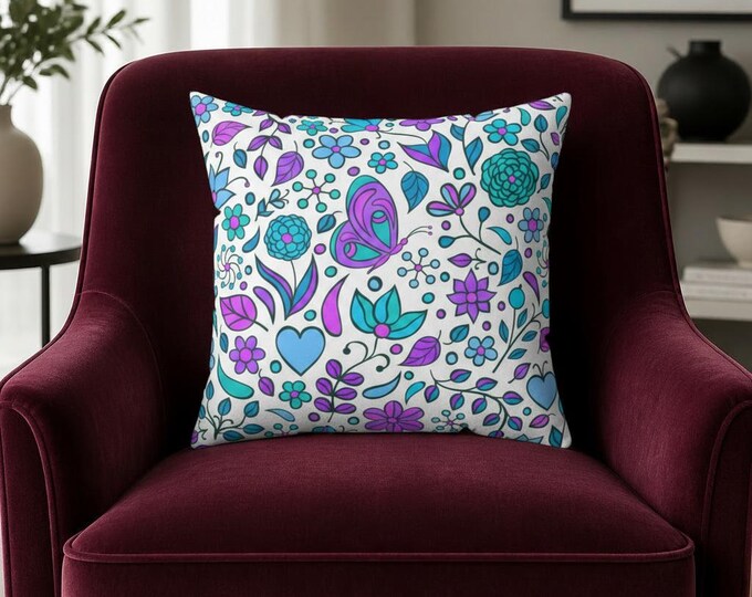 Whimsical Floral Doodle Pillow Spun Polyester Square Pillow | Purple Teal Heart Butterfly Pattern