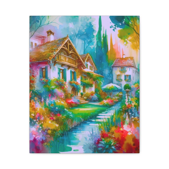 Storybook Cottage Canvas Wall Art: Colorful Garden Home Decor, 16x20