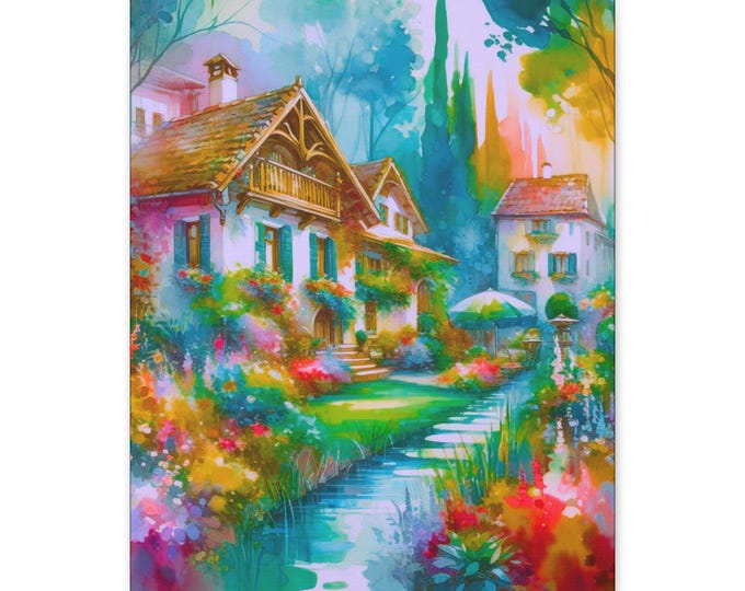 Storybook Cottage Canvas Wall Art: Colorful Garden Home Decor, 16x20