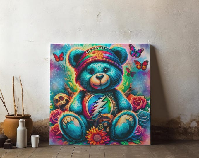Flower Power Bear Canvas Art: Psychedelic Bohemian Home Decor