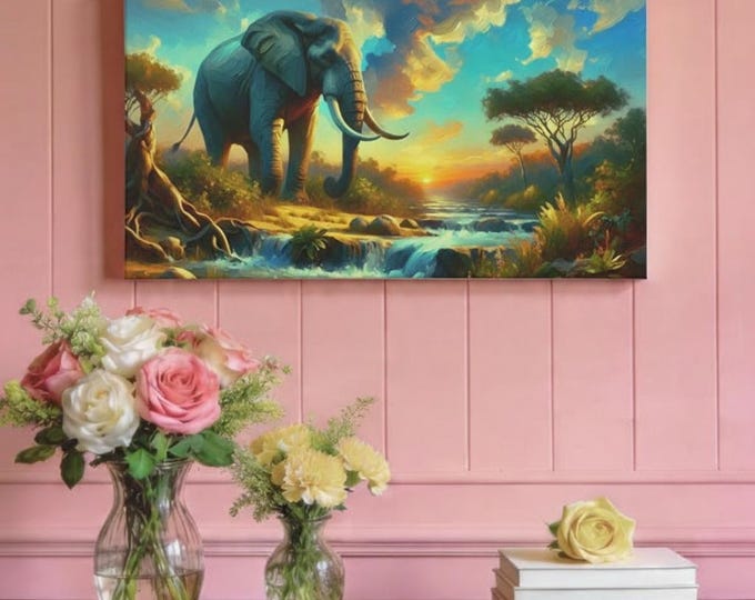 Elephant Sunset Canvas Wall Art: Nature Inspired Decor (30x15)
