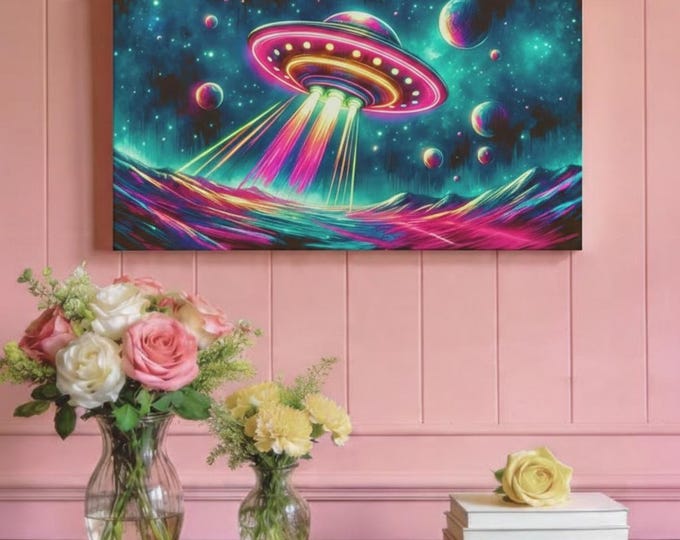 UFO Canvas Art: Vibrant Alien Theme, Sci-Fi Wall Decor (30x15)