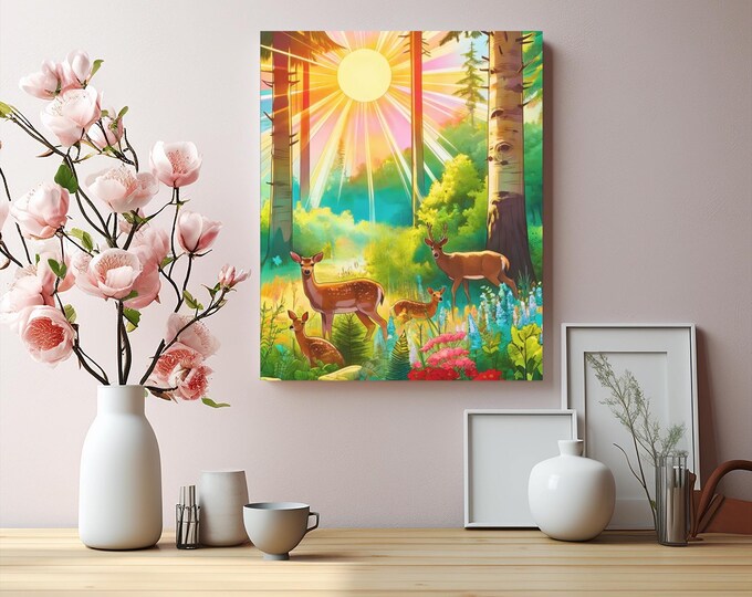 Morning Deer Canvas Wall Art, Wildlife Rustic Home Decor