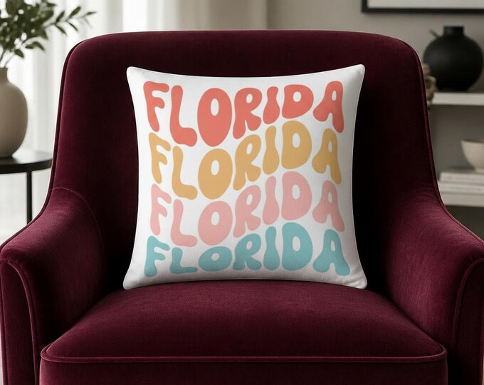 Florida Retro Script Pillow | Colorful Stacked Text Decorative Pillow