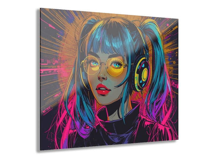 The Audio Alchemist Acrylic Print | Neon Anime Girl with French Cleat Hanging