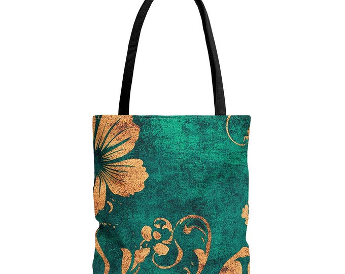 Tropical Floral Polyester Tote Bag, Teal & Gold