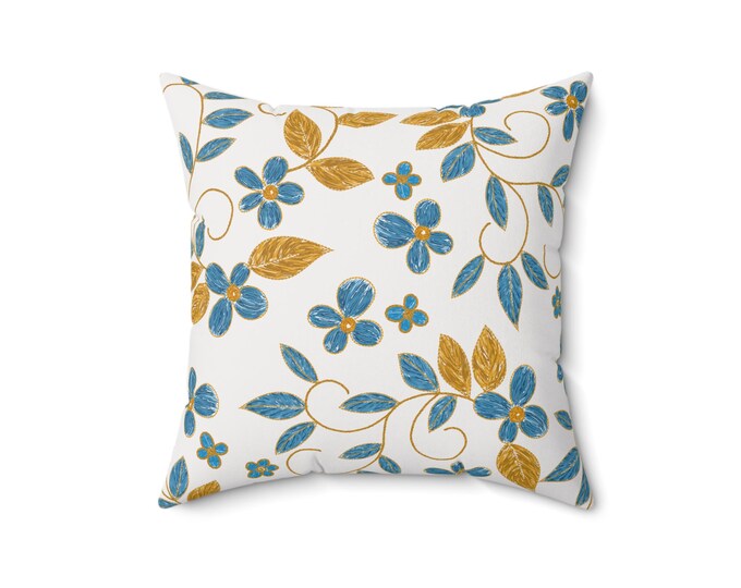 Blue and Gold Floral Pattern Pillow | Decorative Square Throw Pillow