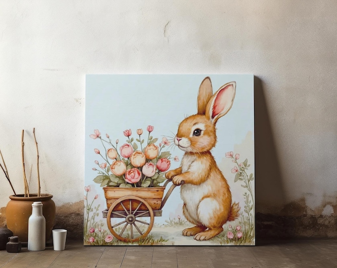 Easter Bunny with Flower Cart Matte Canvas Home Accent 14x14