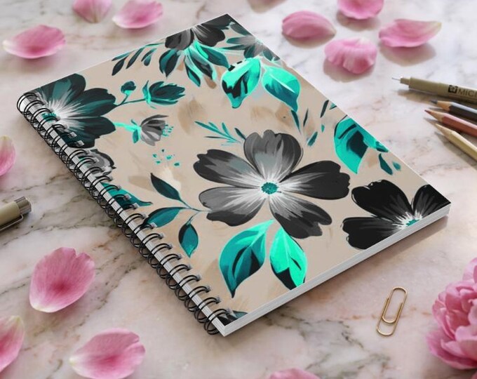 Floral Spiral Notebook: Elegant Black & Teal Diary, Ruled Pages