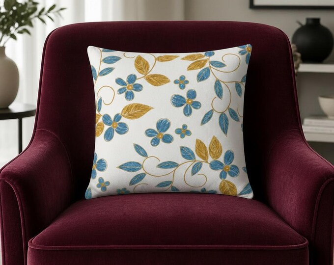 Blue and Gold Floral Pattern Pillow | Decorative Square Throw Pillow