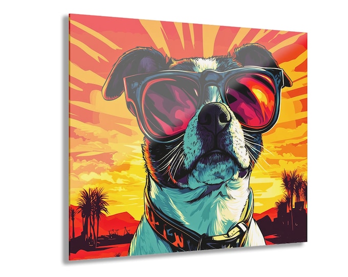 Sunglasses Dog Pop Art | 20x16 Acrylic Wall Print, French Cleat