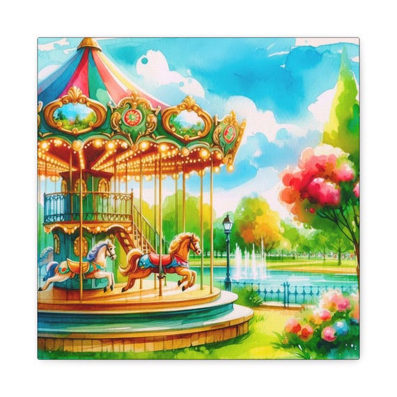 Carousel Canvas Wall Art: Colorful Nursery, Playroom Decoration (14x14 Canvas Artwork)
