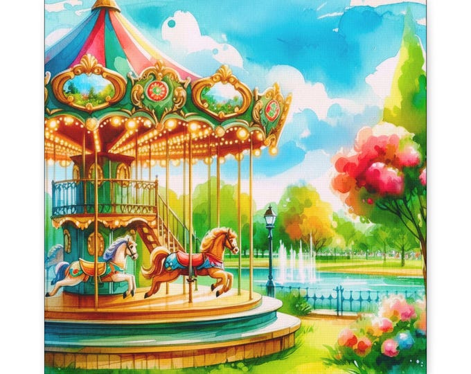Carousel Canvas Wall Art: Colorful Nursery, Playroom Decoration (14x14 Canvas Artwork)